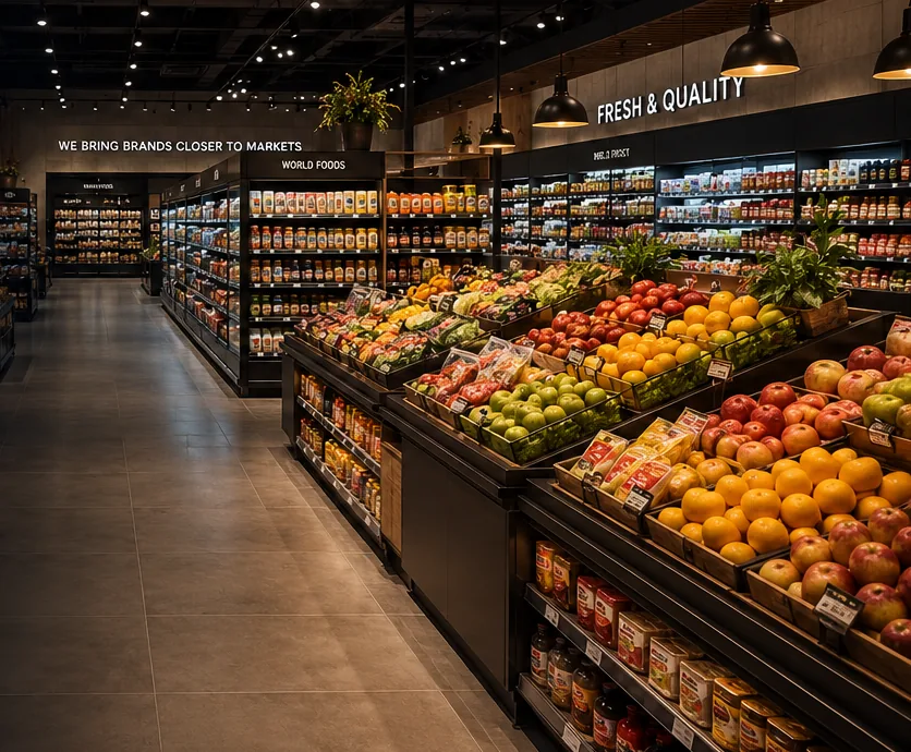 Modern supermarket aisle with well-presented fresh produce and packaged goods (illustrative image)